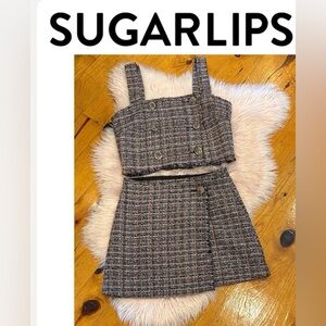 Sugar Lips 2-pc Small Multicolor Tweed Gold Trimmed Buttoned Top and Skirt Set